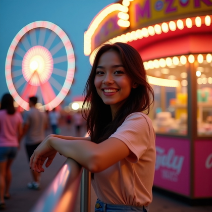 Photorealistic lifestyle portrait photography: at a twilight funfair, the subject leans casually on a polished metal railing beside a cotton-candy cart, face turned directly to camera with a confident, inviting expression as warm marquee bulbs and a spinning Ferris wheel create creamy bokeh behind, a cool kiosk screen adds gentle fill across the features, and glossy deck plates reflect the color wash for a vibrant, cinematic glow with crisp edge separation.