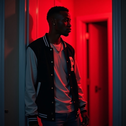 Back-Against-the-Door Panic Pose example: Cinematic horror portrait photo. Half-body portrait of a solo subject leaning hard against a bedroom door, shoulders ten