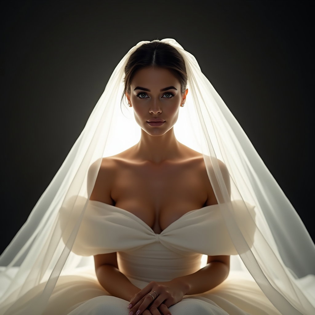 AI-generated photo: Photorealistic wedding photography. Studio set with a deep charcoal backdrop and a powerful backligh...