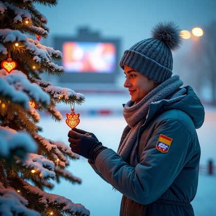 AI-generated photo: Photorealistic lifestyle sports photography. A person stands beside a snow-laden evergreen tree near...