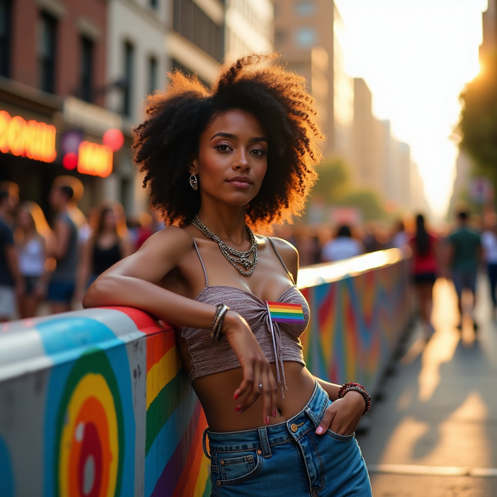 Solo Pride Parade Street Portraits example: Photorealistic street portrait photography. Half-body portrait of a solo subject leaning casually against a painted para