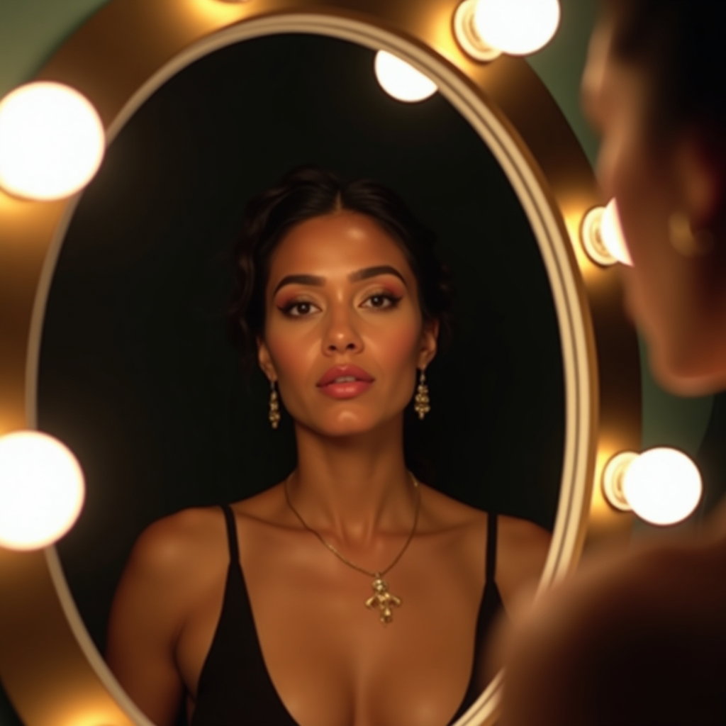 Mirror Vanity Glance Portrait example: Dating profile photo. Profile/avatar crop framed tightly through a round vanity mirror, face clearly visible and express