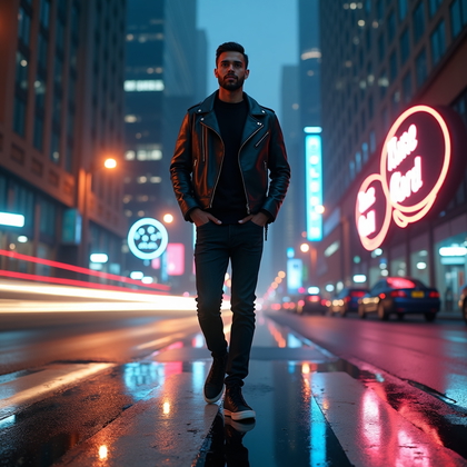 AI-generated photo: Photorealistic cinematic street-style portrait. A person stands in the middle of a quiet city crossw...