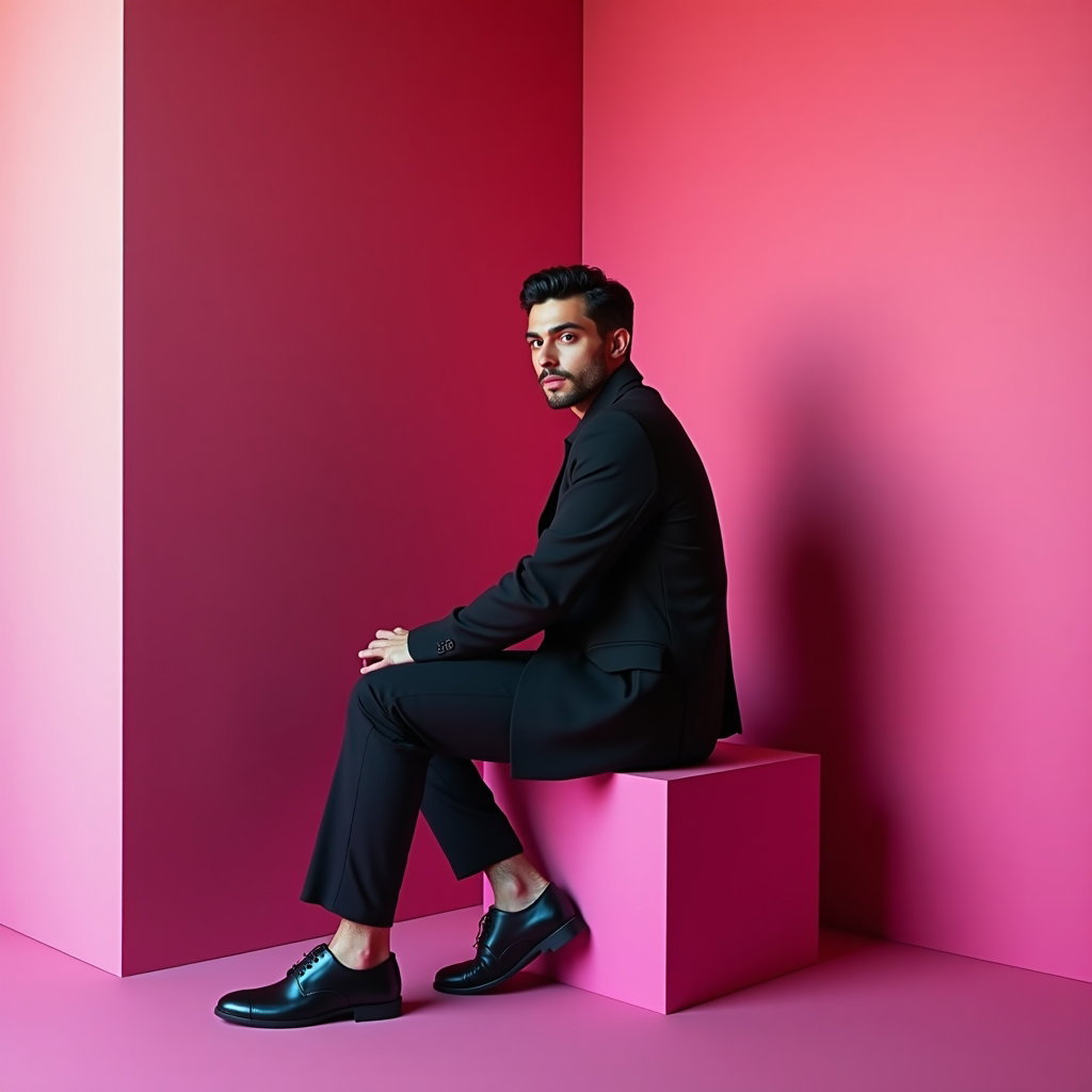 Minimal Color-Backdrop Pop Album Cover Portraits example: Photorealistic pop album cover portrait. Minimal environmental portrait inside a two-tone color corner with matte magent