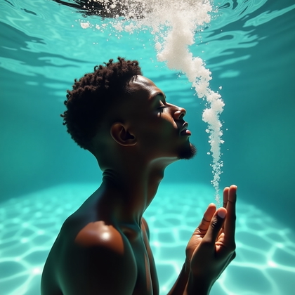 AI-generated photo: Photorealistic underwater portrait photography, side profile in a pool as a dramatic burst of bubble...