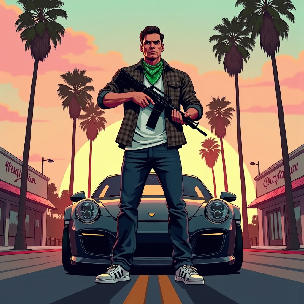 AI-generated photo: Overview - A stylized, poster-like illustration of an adult person standing in the middle of a palm-...