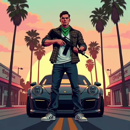 AI-generated photo: Overview - A stylized, poster-like illustration of an adult person standing in the middle of a palm-...