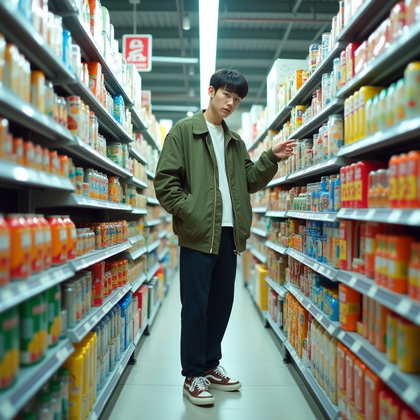 AI-generated photo: Photorealistic lifestyle fashion photography. A fashionable convenience store portrait in a brightly...