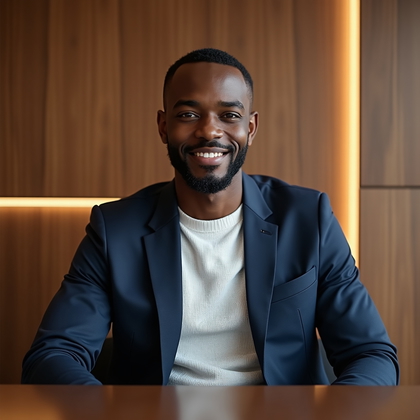 AI-generated photo: Professional headshot photograph at the head of a boardroom table with a matte walnut backdrop and a...