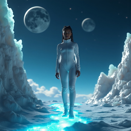 AI-generated photo: Photorealistic cinematic space photography. A solitary figure in a sleek, form-fitting space suit st...