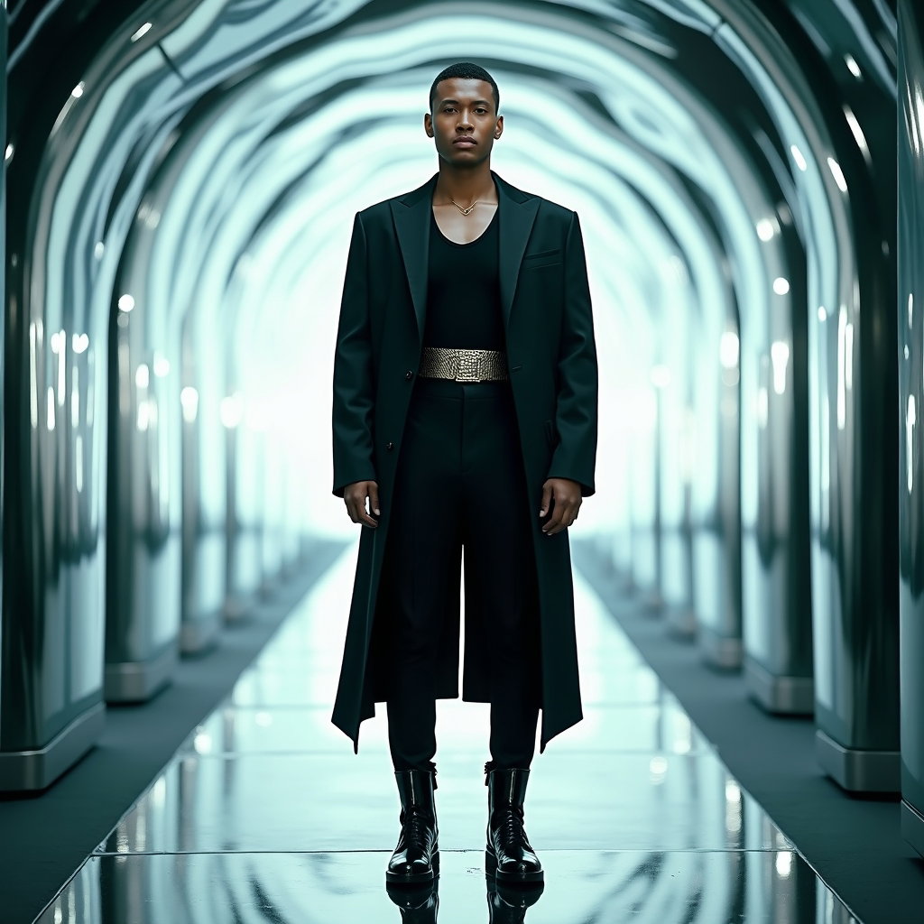 Full-Body Fashion Editorial Pop Star Cover Photos example: Photorealistic fashion editorial album cover photo. Full-body editorial hero image in a mirrored tunnel installation, wi