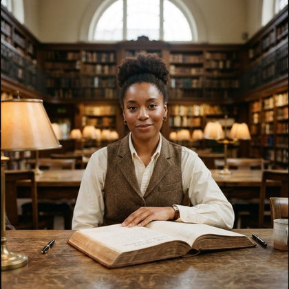 A single subject sits at a long oak table in a historic library, one hand resting on an open book. A brown waistcoat over a white shirt complements the shelves of worn volumes. Amber reading lamps and pale skylight create layered illumination; centered chest-up composition, richly textured editorial photography.