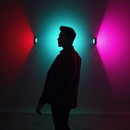 AI-generated photo: Photorealistic studio portrait photography. Dynamic standing semi-silhouette portrait, framed full-b...