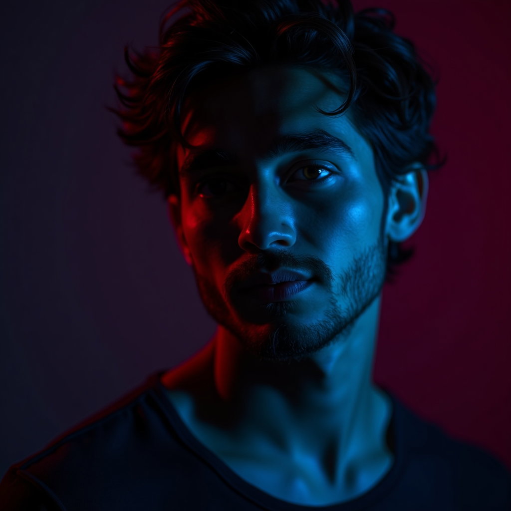 AI-generated photo: Photorealistic studio portrait. A single subject in a dark studio, lit dramatically with a deep mage...