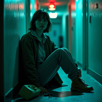 Neon Motel Hallway Survivor Portrait example: Cinematic horror portrait photo. Environmental portrait showing the subject seated on the floor beside an ice machine in