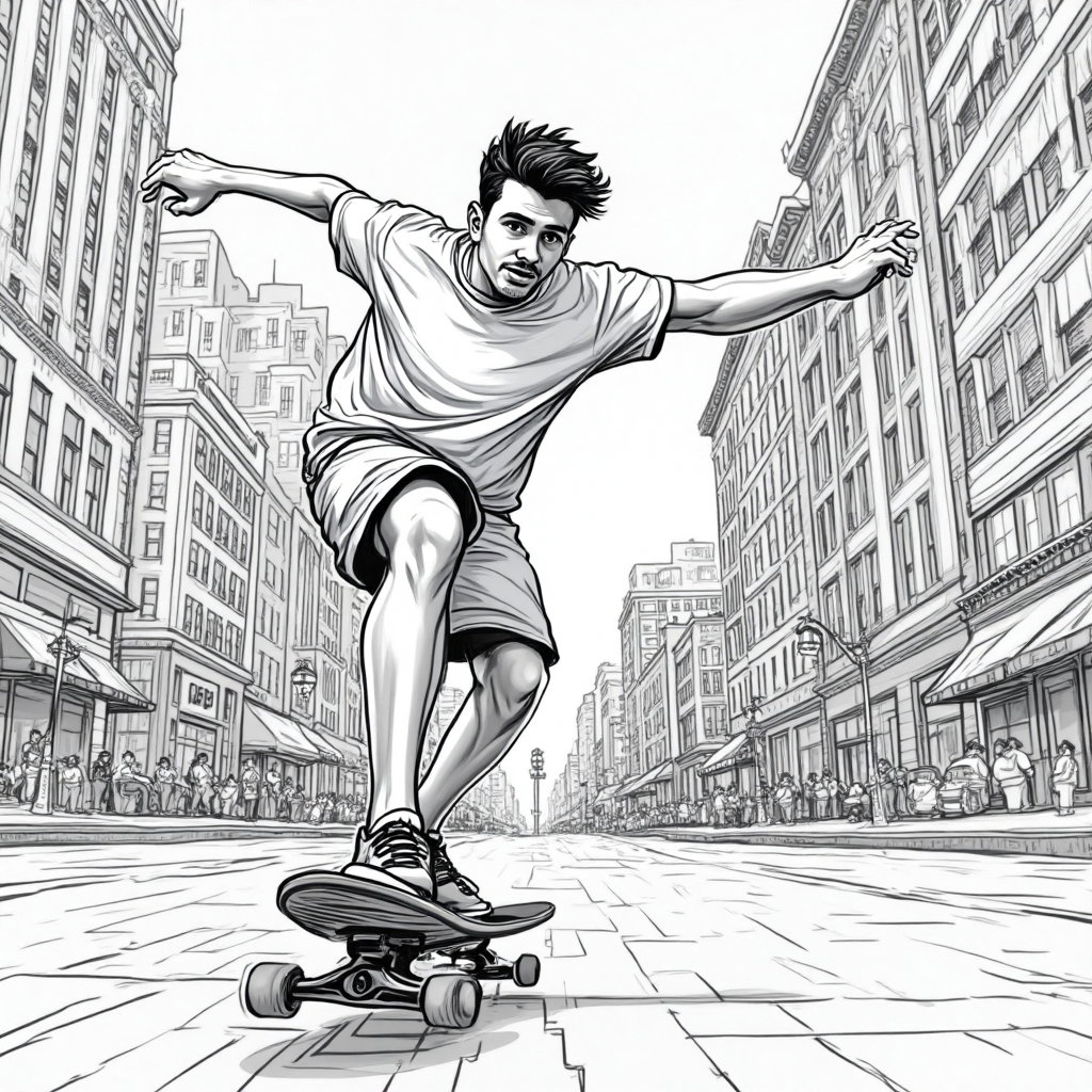 AI-generated photo: **Line Art Illustration.** Create a dynamic illustration of a young man skateboarding through an urb...
