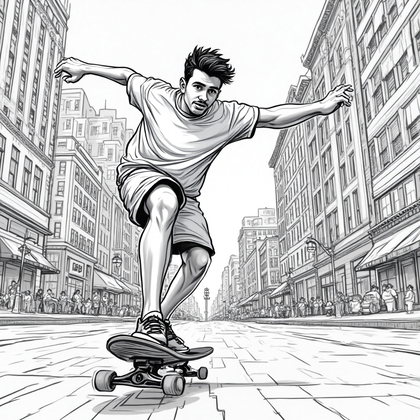 AI-generated photo: **Line Art Illustration.** Create a dynamic illustration of a young man skateboarding through an urb...