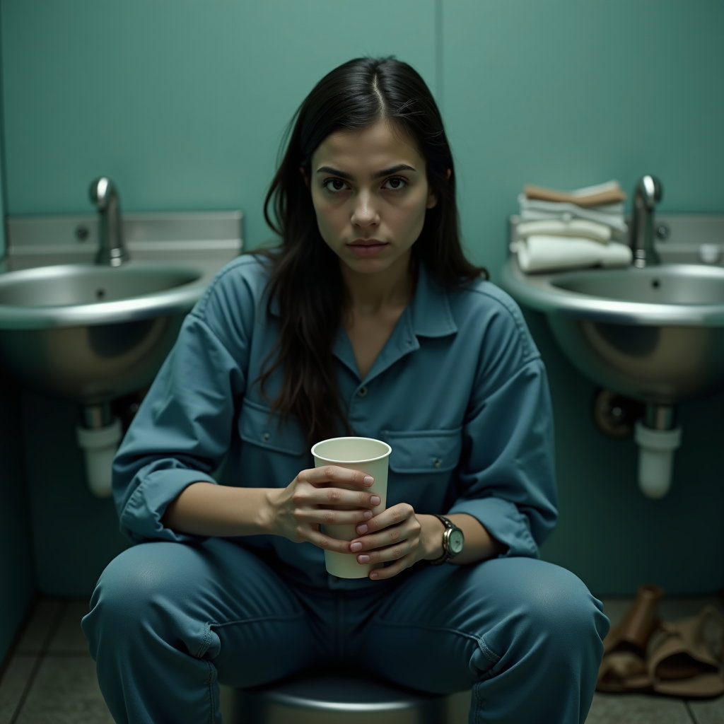AI-generated photo: Photorealistic prison close-up portrait centered on the person seated at the edge of a bolted-down t...