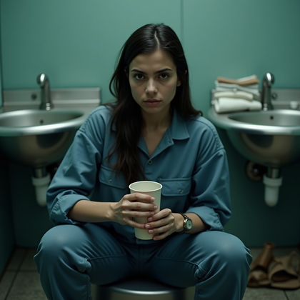 AI-generated photo: Photorealistic prison close-up portrait centered on the person seated at the edge of a bolted-down t...