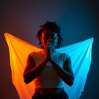 AI-generated photo: Photorealistic studio portrait photograph of a person in a tight half-body frame, hands raised near ...