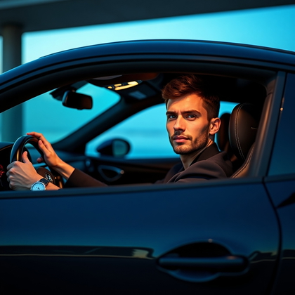 AI-generated photo: Photorealistic portrait photo inside a luxury sports car at blue hour, parked beneath a patterned co...