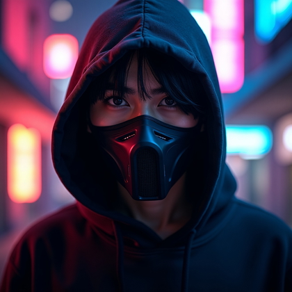 AI-generated photo: Photorealistic gaming portrait photograph. A mysterious figure in a dark hoodie with the hood up, a ...