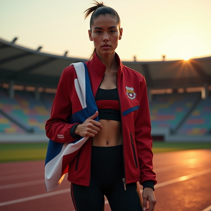 AI-generated photo: Photorealistic fashion sports portrait. Athlete stands on the running track starting line at dusk, w...