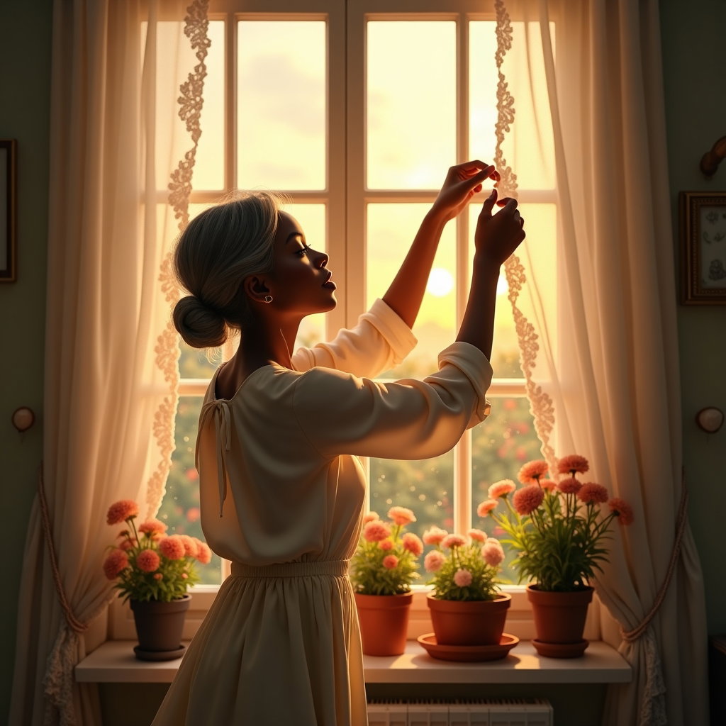 Lumière de fenêtre dans un cottage : portrait à contre-jour près d’une fenêtre de cottage, d’une seule personne visible levant le bras pour fixer un fin ruban de gaze orné de petites fleurs séchées à l’intérieur…