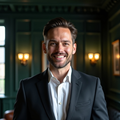 Professional headshot in a heritage boardroom with dark green paneled walls, a coffered ceiling, and brass picture lights softly aglow; chest-up framing, tailored blazer and crisp shirt, direct eye contact with a confident, closed-mouth smile, and soft daylight key from tall mullioned windows camera-left opened with a subtle white bounce card on camera-right.