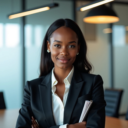 LinkedIn photo. Executive headshot at the head of a modern conference table with frosted glass partitions and a suspended linear pendant subtly out of focus, composed chest-up with centered alignment; tailored blazer, pressed shirt, and a slim notebook held casually at the side, calm and authoritative expression with shoulders relaxed.