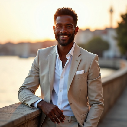 Elegant Waterfront Evening Portraits example: Photorealistic portrait photography. Half-body portrait beside a stone waterfront balustrade, the subject leaning lightl