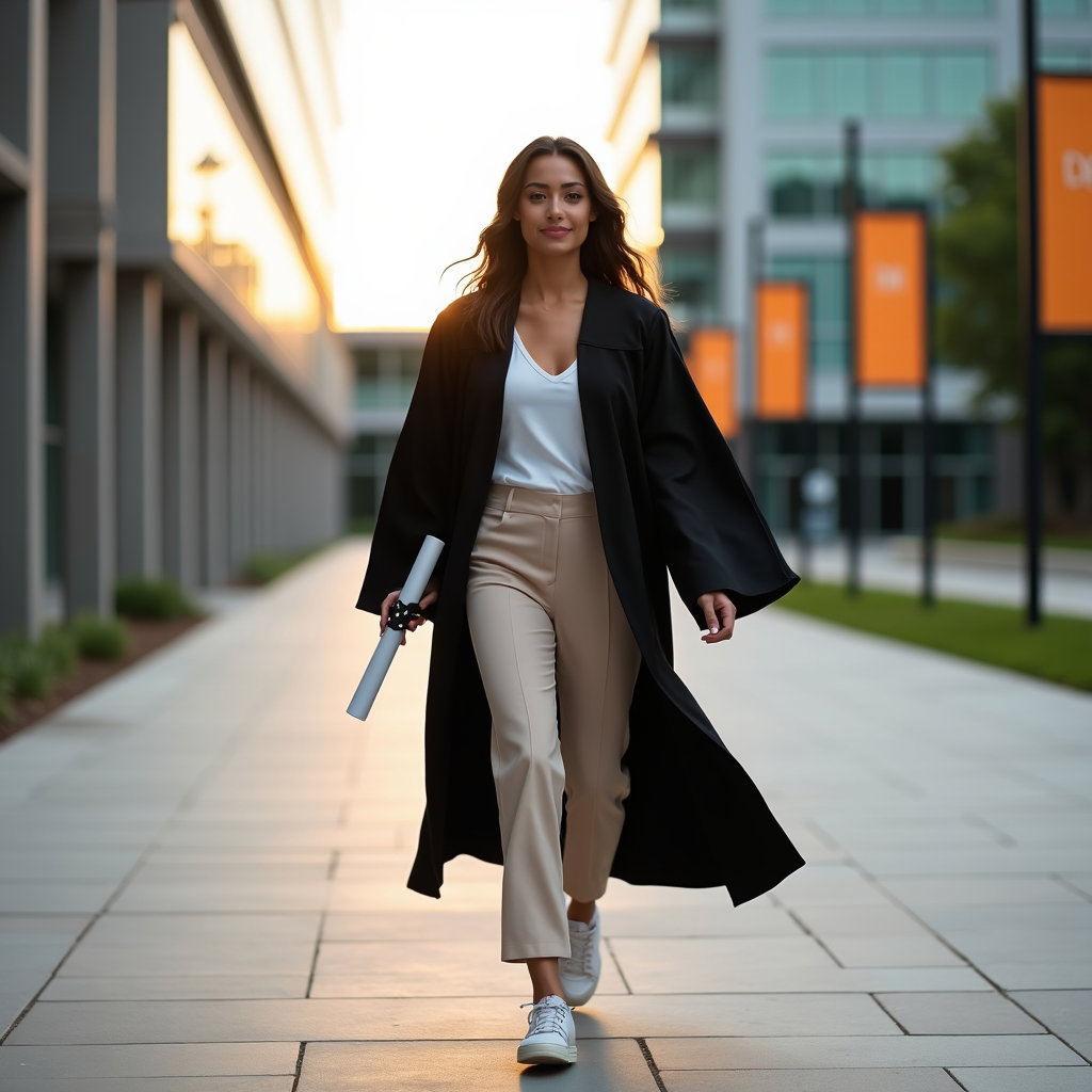 AI-generated photo: Fashion editorial photography, a graduation portrait captured mid-stride along a modern academic pro...