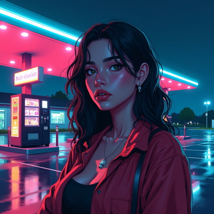 AI-generated photo: Cel-shaded key art illustration — night portrait at a glowing roadside gas station, the canopy fluor...
