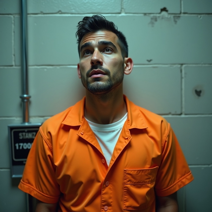 AI-generated photo: Photorealistic prison booking portrait taken from the chest up, showing an inmate in an ill-fitting ...