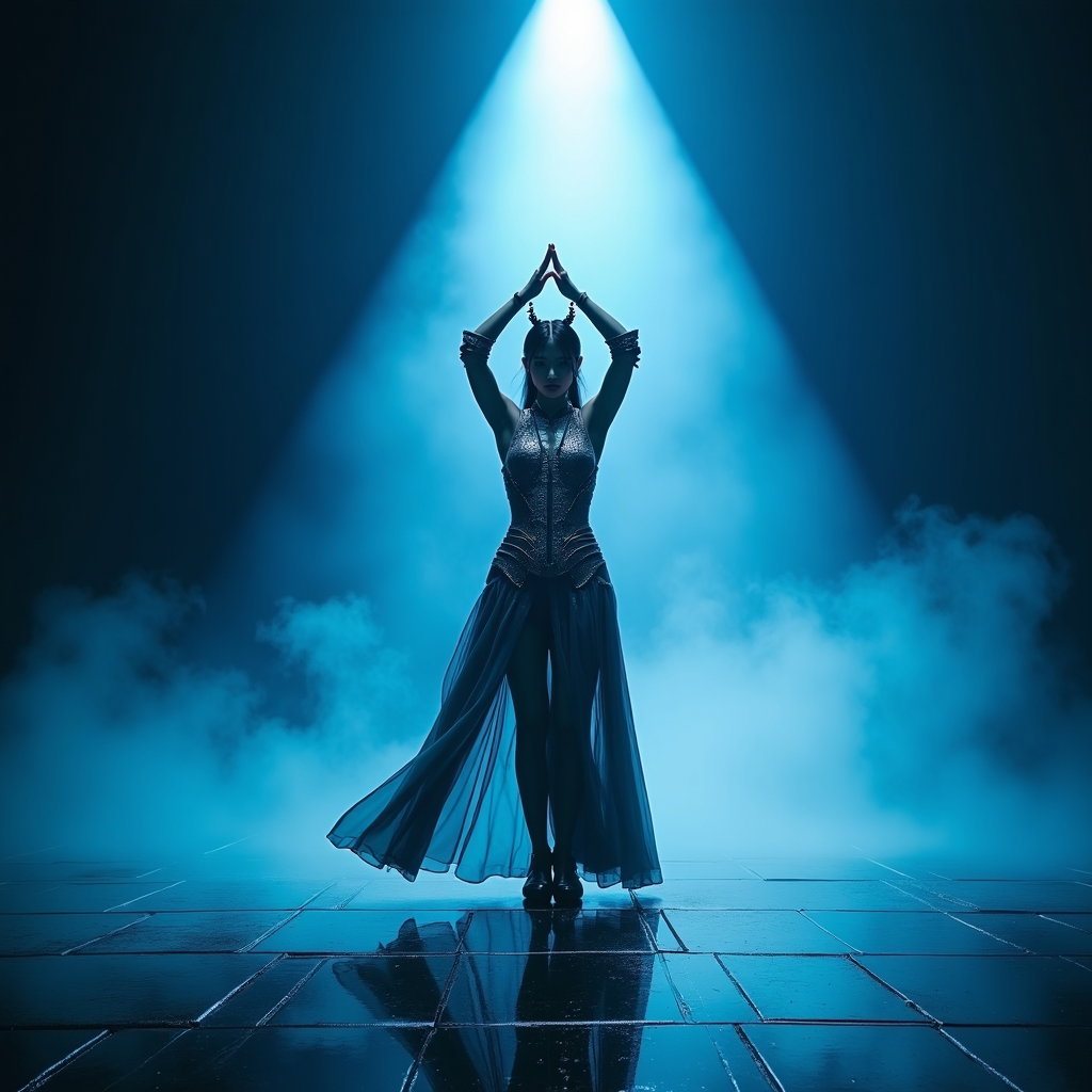 Sacred Seal Hand-Pose Portrait example: Cinematic K-pop fantasy full-body portrait photography. Full-body stage portrait on a rain-slick black performance floor
