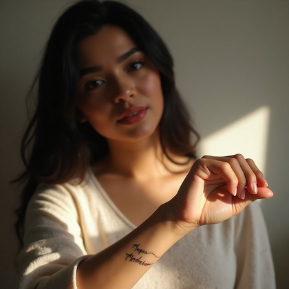 AI-generated photo: Photorealistic photography of a woman subtly extending her hand to display a minimalist text tattoo ...