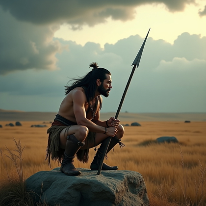 AI-generated photo: Photorealistic cinematic photo on a windswept steppe before a storm, the subject in a grounded hunte...