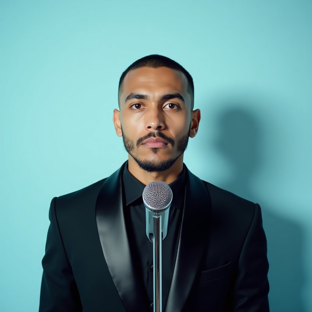 Clean Pop Album Cover Photos That Avoid Clutter example: Photorealistic pop album cover photo. Half-body composition with the subject facing forward behind a single minimalist c