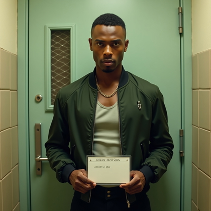 AI-generated photo: Photorealistic cinematic booking-style fashion portrait, straight-on with the subject framed from mi...