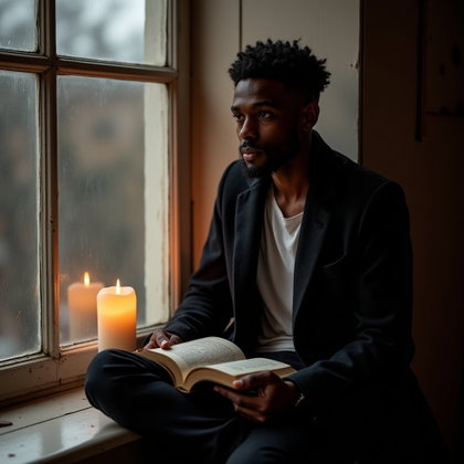 Melancholy Rainy Window Portrait example: Photorealistic portrait photography. Half-body portrait seated on a windowsill with an open poetry book resting in the l
