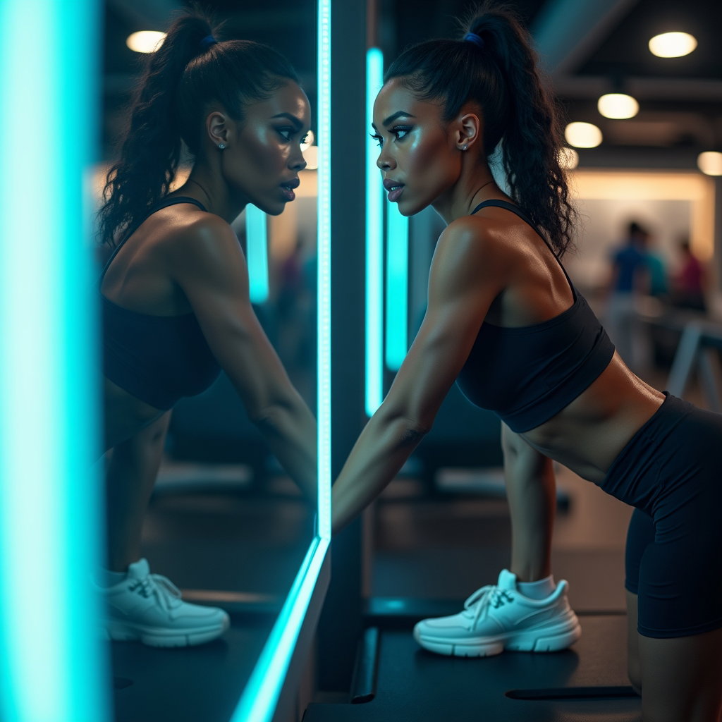 AI-generated photo: Photorealistic fitness photography — side-profile mirror setup with the treadmill parallel to a full...