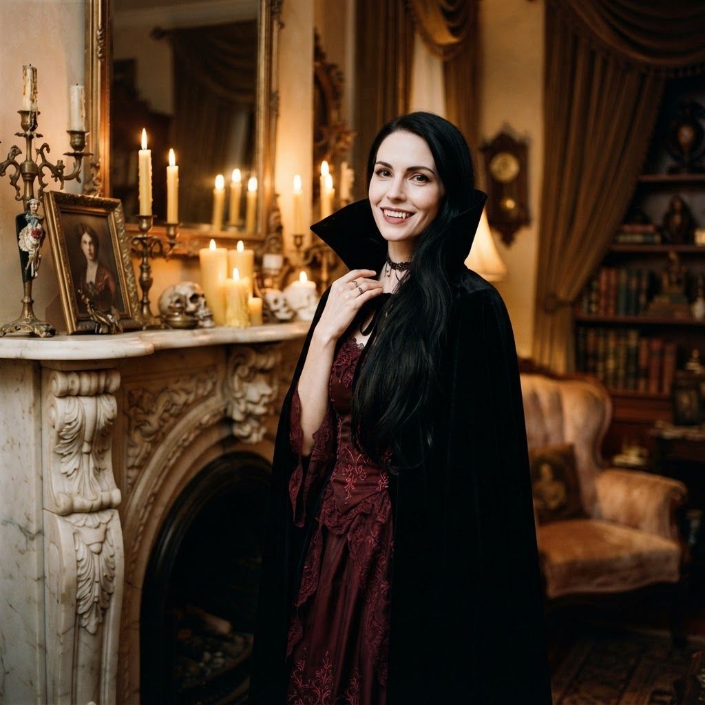 Velvet-Collar Vampire Portrait: Half-length Halloween portrait beside a carved marble fireplace in a richly furnished parlor.