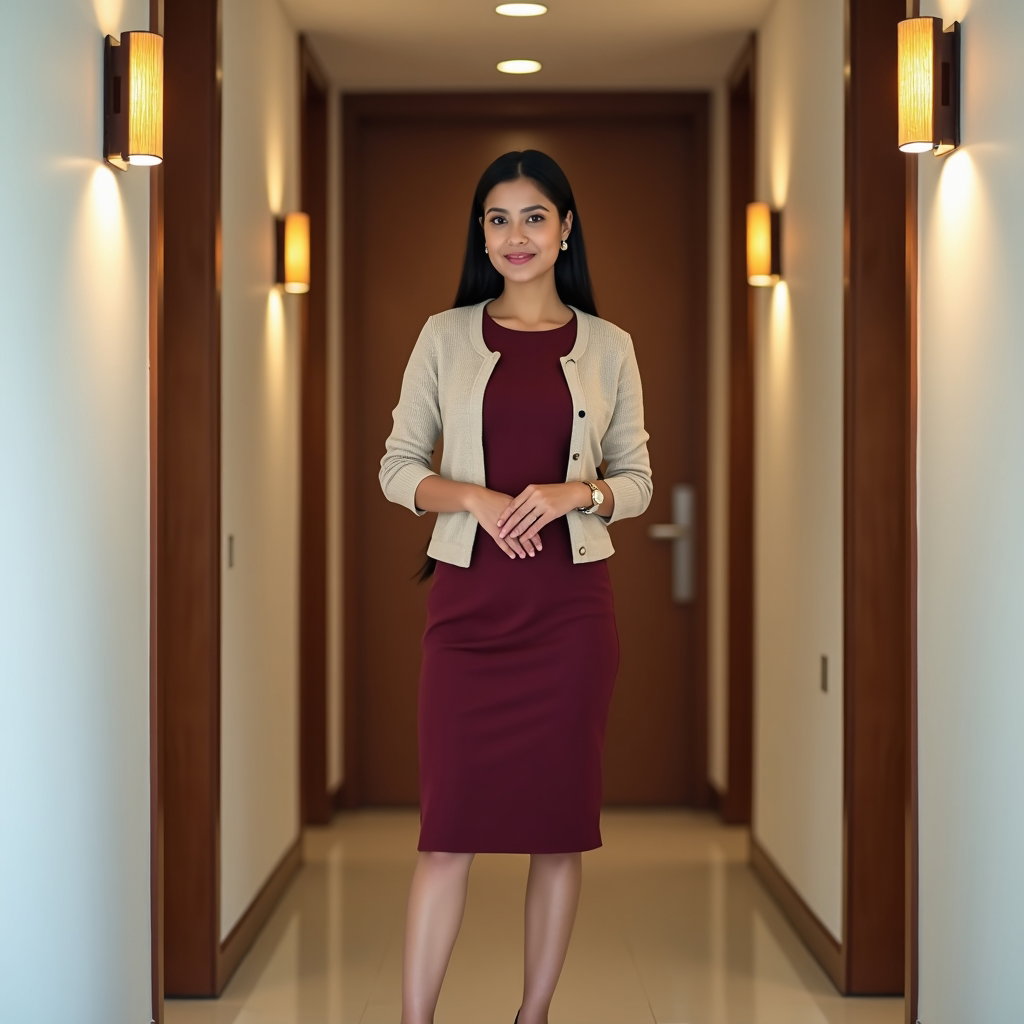 Sheath Dress And Cardigan: Polished interview outfit photo in a modern office corridor with pale walls and warm wall sconces.