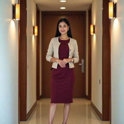 Robe fourreau et cardigan : photo soignée d’une tenue d’entretien dans un couloir de bureau moderne, avec des murs clairs et des appliques chaleureuses.