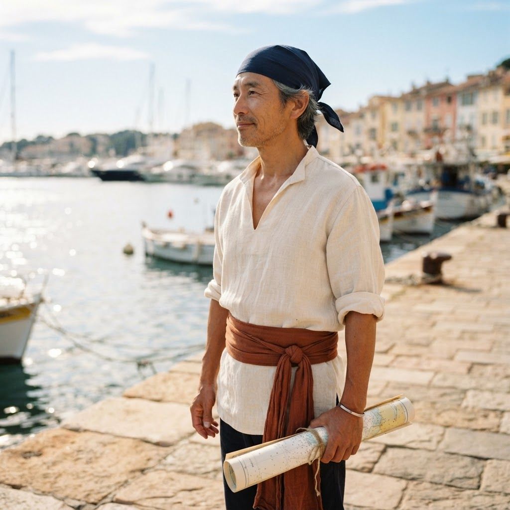 Sunlit Pirate at the Harbor: Three-quarter waist-up portrait beside a sunlit stone quay.