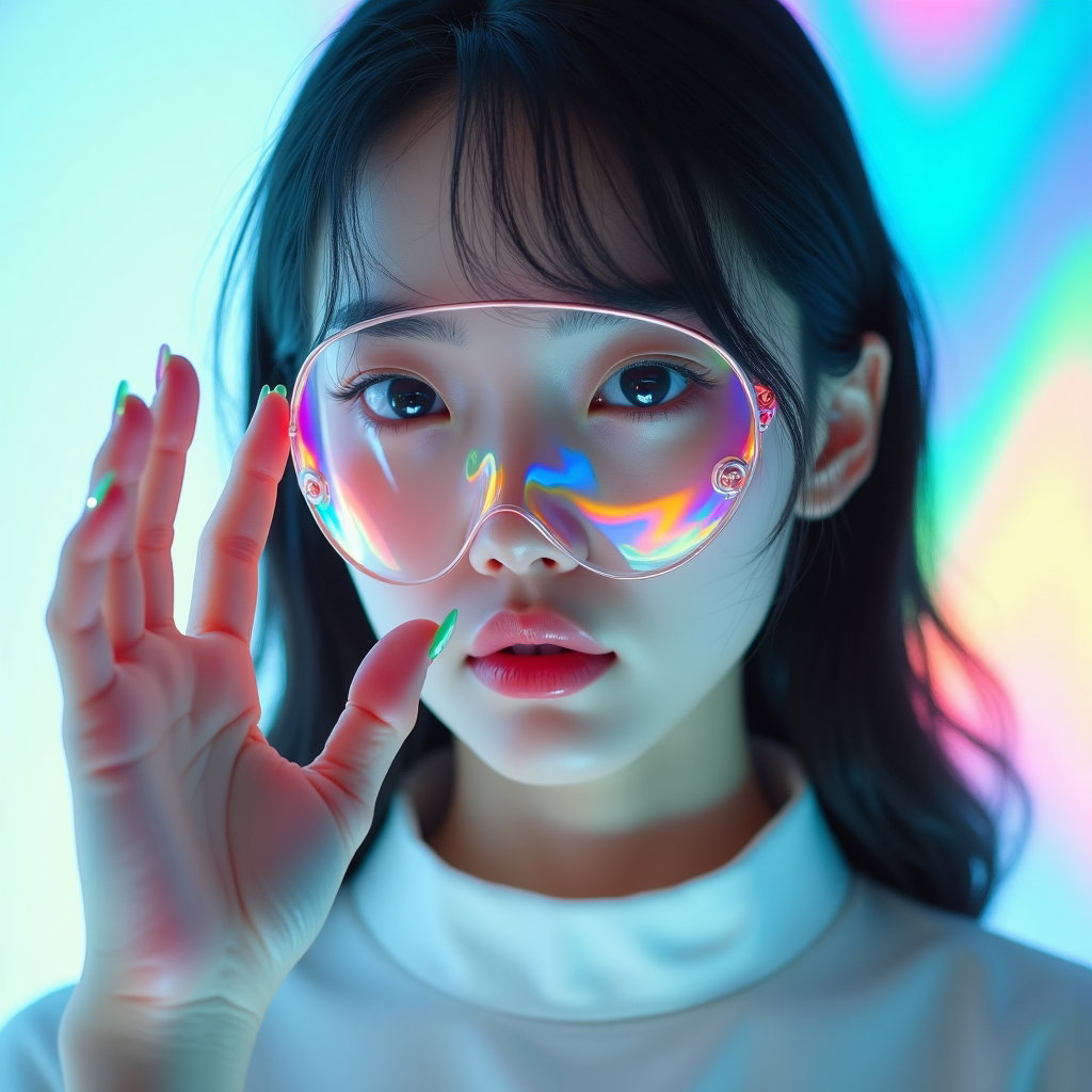 Futuristic Metallic Pop Star Album Cover Portraits example: Photorealistic album cover portrait photography. Unexpected creative variation showing the subject behind a transparent