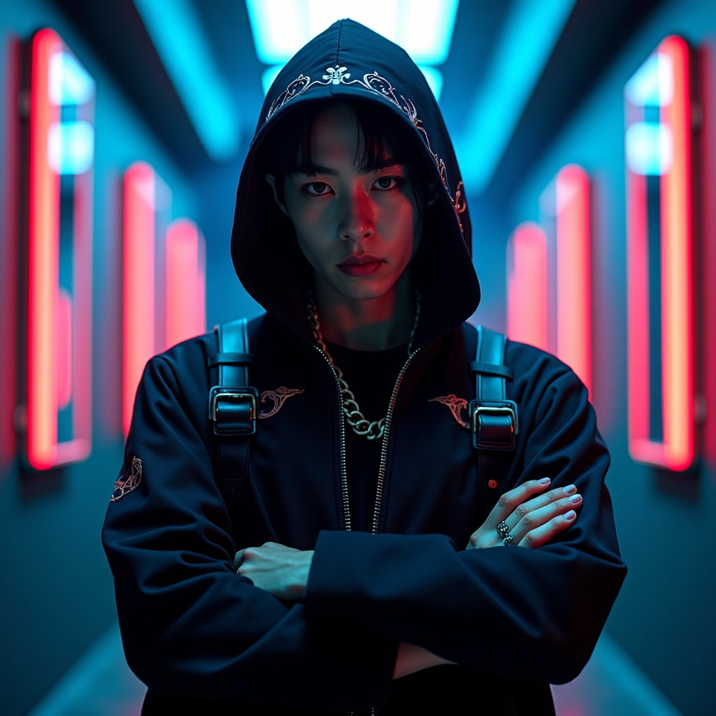 Possessed-Eye Rival Portrait example: Cinematic K-pop fantasy portrait photo. Half-body portrait of a demon-hunter rival standing square to the viewer with ar