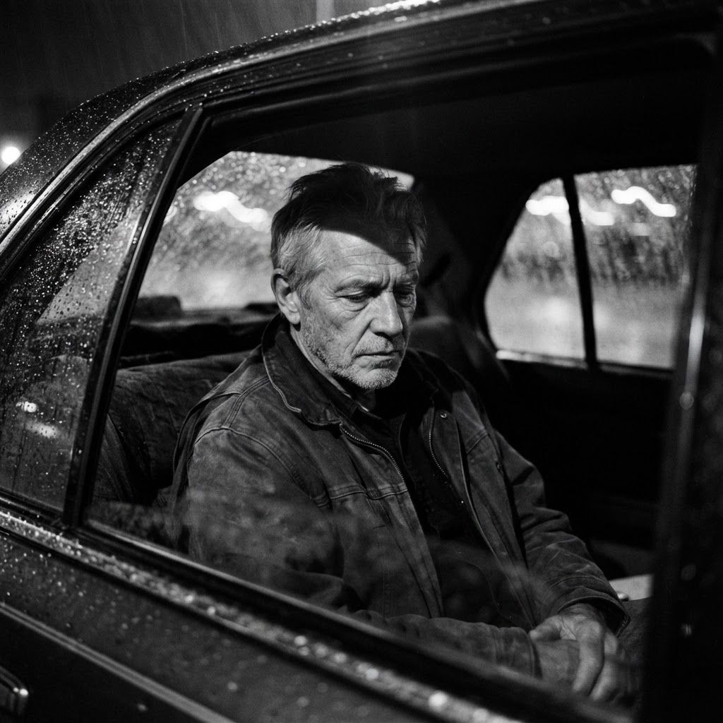 Car Window Reflection: Black-and-white close portrait from outside an old car window during heavy rain, the subject sitting in the back seat with shoulders hunched…