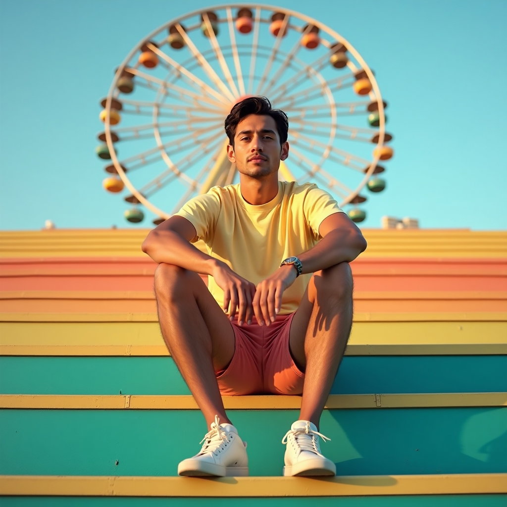 Ferris Wheel Daydream Portrait example: Photorealistic editorial festival portrait photography. Hero portrait on empty painted bleachers facing the Ferris wheel