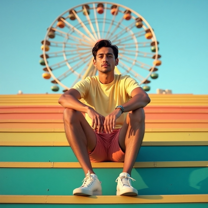 Ferris Wheel Daydream Portrait example: Photorealistic editorial festival portrait photography. Hero portrait on empty painted bleachers facing the Ferris wheel